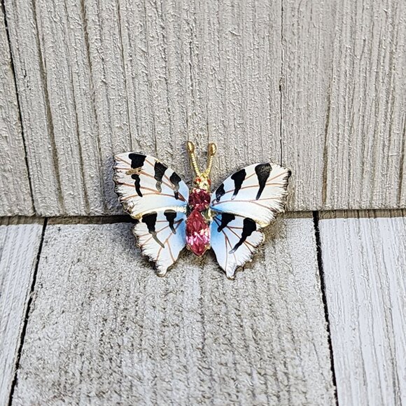 Vintage Made in Czechoslovakia Enamel Butterfly Brooch Pin Tiny Pink Rhinestones - Picture 2 of 5